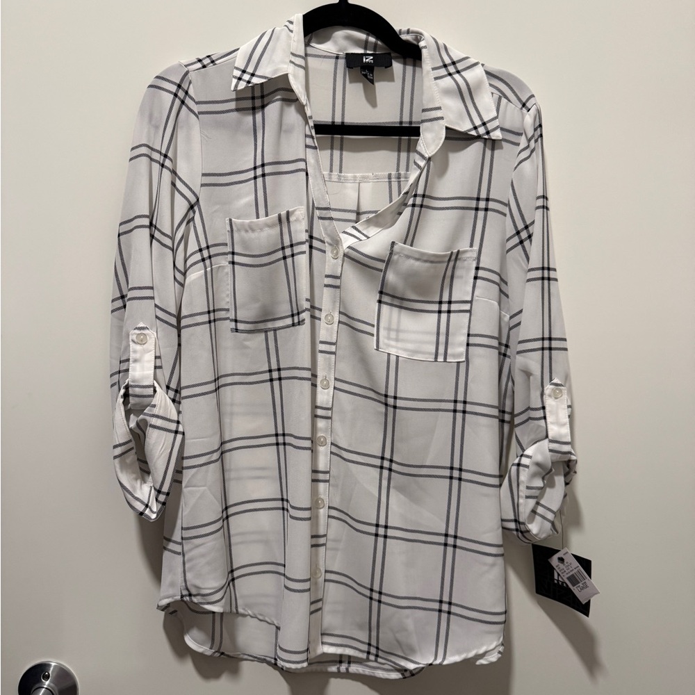 Black & White Windowpane Plaid Button Front Shirt